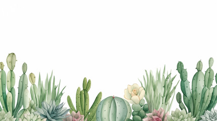 Watercolor green cactus on white background with text space