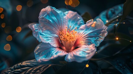 A luminous flower blooms at twilight its petals glowing