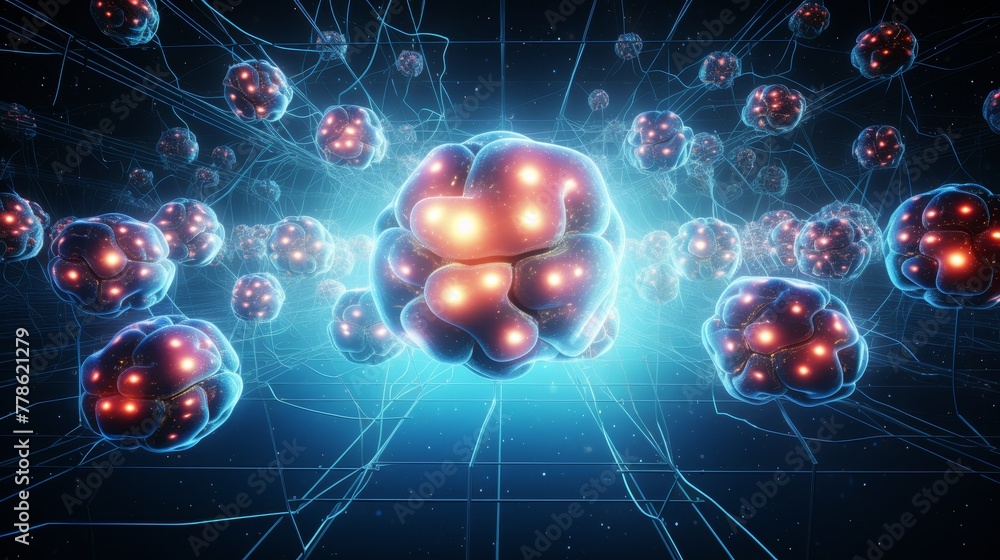 Poster a multitude of human brains linked together by a glowing grid