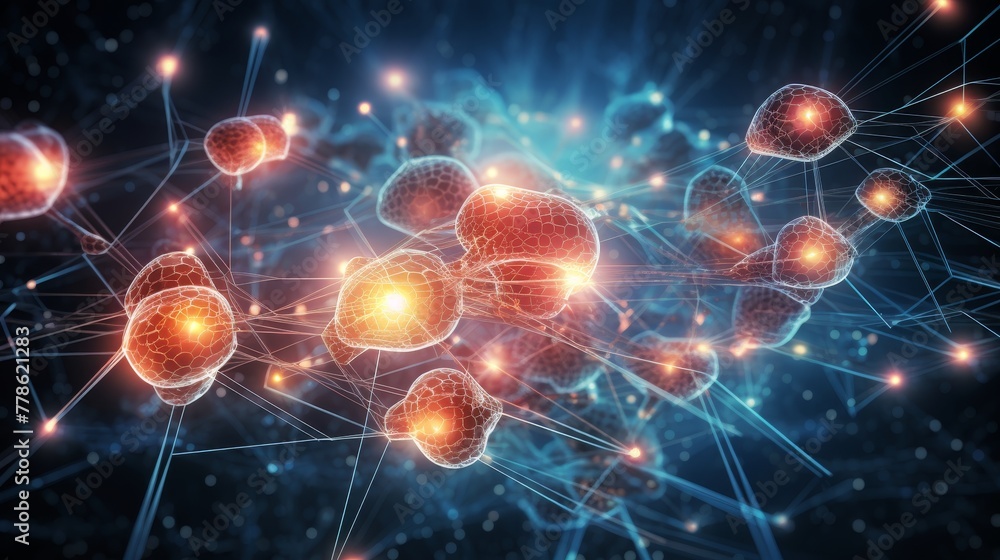 Poster a multitude of human brains linked together by a glowing grid