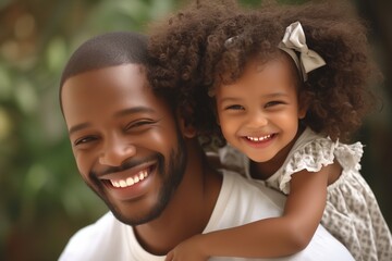 single father carrying little daughter on piggyback