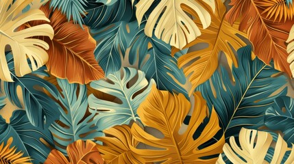 A nostalgic pattern featuring tropical leaves in muted tones like mustard yellow, burnt orange, and teal, reminiscent of vintage travel posters.