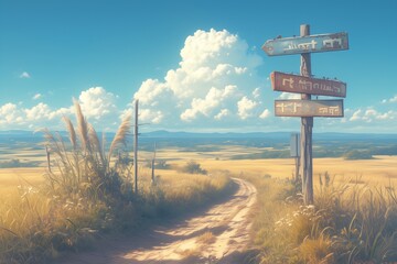 wooden signs with views and roads at countryside