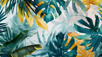 Fototapeta na wymiar A playful watercolor collage pattern featuring various tropical leaves cut out and rearranged in a creative composition