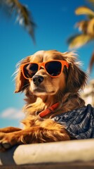 A dog with fashion sunglasses is lying on the roof traveling at the beach