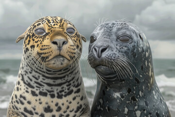 Two seals are standing next to each other on a beach - obrazy, fototapety, plakaty