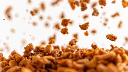 Dry cat food flies out of a bowl close-up on a white background. Isolated