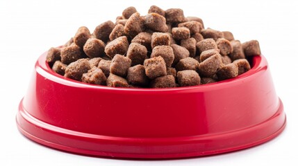 Dry cat food in a red bowl, isolated on white background
