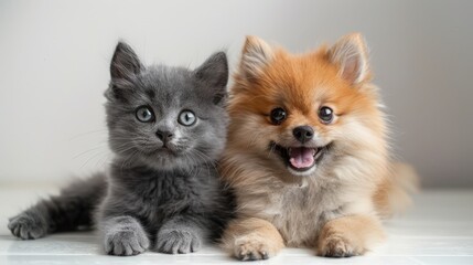 Obraz premium Funny gray kitten and smiling dog on white background. Lovely fluffy cat and puppy of pomeranian spitz.