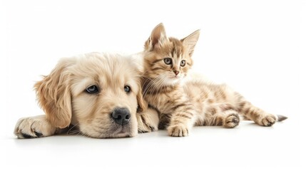 Golden Retriever puppy and kitten posing on white background.