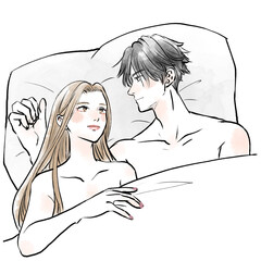 ベッドで寝ている幸せそうな男女