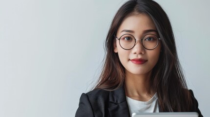 Image of young asian business woman, female entrepreneur in glasses, holding tablet and looking professional in glasses,