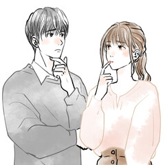 上を見て考える男女
