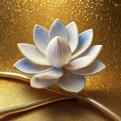 water lily flower.a porcelain flower pod, meticulously rendered in 3D to capture their delicate beauty, set against a radiant gold background for a touch of opulence