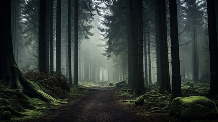 Obraz premium A tranquil and serene forest covered in fog, creating a mystical atmosphere