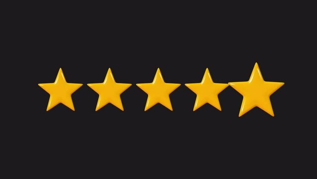 5 Stars Review, Five Star Rating on Black Background. Five Stars Animation. Product Quality, Feedback, Customer review.