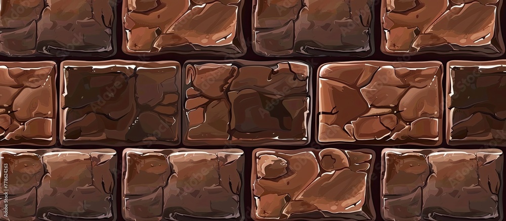 Poster a detailed closeup of a brown brick wall made of rectangular tiles, showcasing the intricate pattern