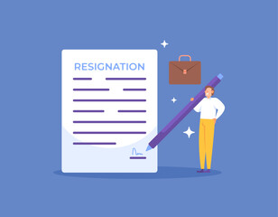 a man signs a resignation letter. quit your job. resigned from work because he wanted to be free. resignation letter and employee. flat style illustration concept design. graphic elements. vector