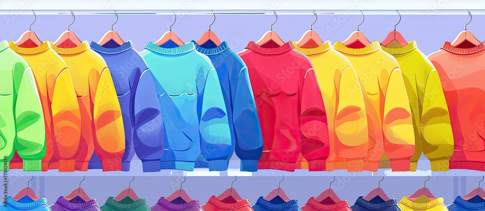 Poster an array of vibrant outerwear products displayed on a rack. the sweaters feature various sleeve leng