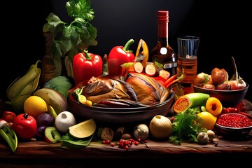 Healthy food clean eating selection: fruit, vegetable, seeds, superfood, cereal, leaf vegetable on gray concrete background