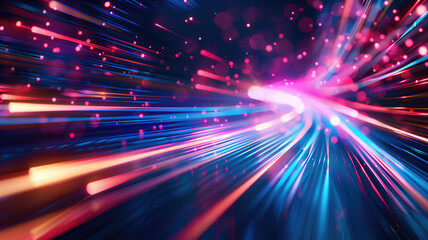 Fototapeta premium Neon futuristic flashes on black background. Motion light lines backdrop. For banner, postcard, illustration. Created with generative AI tools