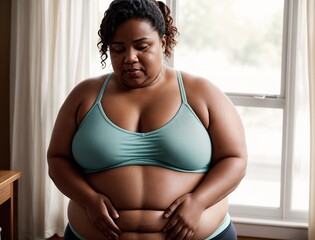 A woman sitting on a couch, looking at her stomach.