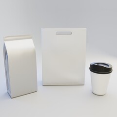Mockup of foil pouch packaging, paper bag and coffee cup, Top view perspective isolated on white background