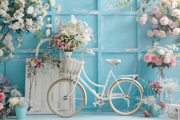 Fototapeta na wymiar Blue Floral Bicycle Room Digital Backdrops, Maternity Backdrop, Studio Backdrop, Fine Art Textures. 