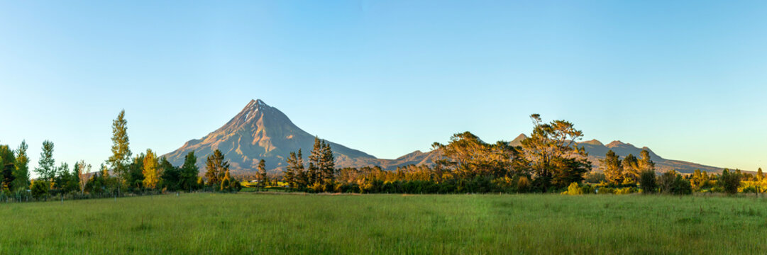 Morning Glow on Mount Taranaki: Scenic Postcard View of Egmont National Park, North Island, New Zealand