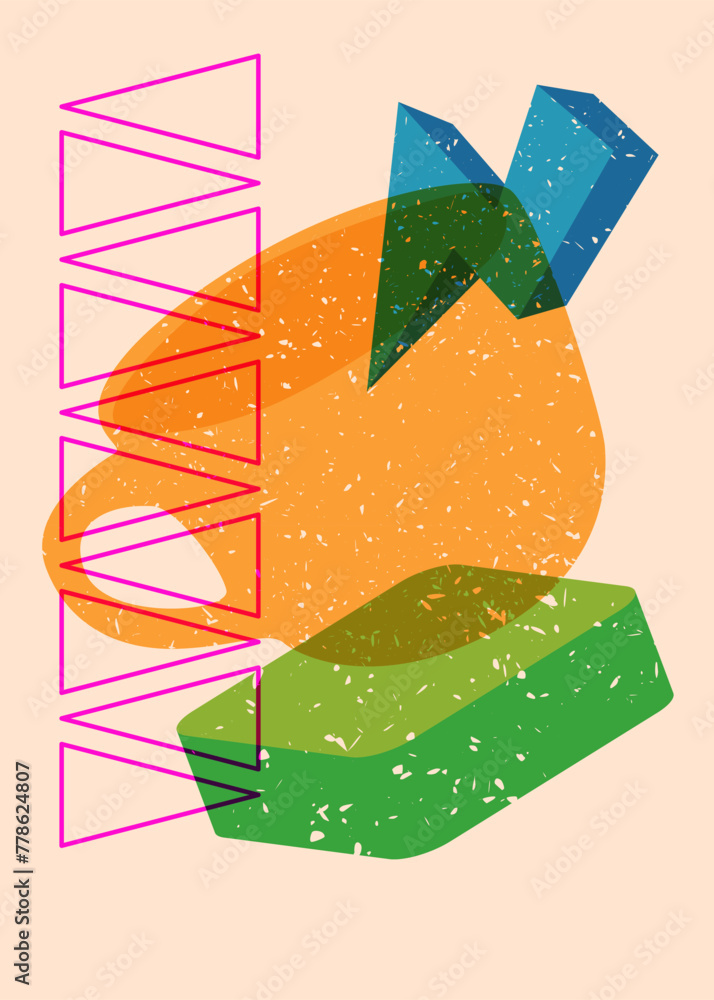 Poster risograph coffee cup with geometric shapes. objects in trendy riso graph print texture style design 