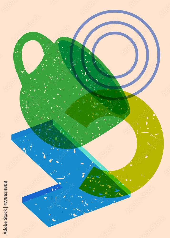 Poster risograph coffee cup with geometric shapes. objects in trendy riso graph print texture style design 