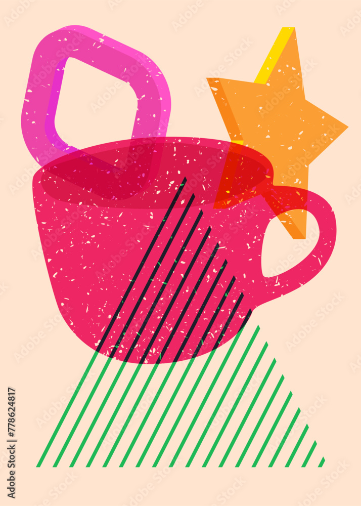 Poster risograph coffee cup with geometric shapes. objects in trendy riso graph print texture style design 