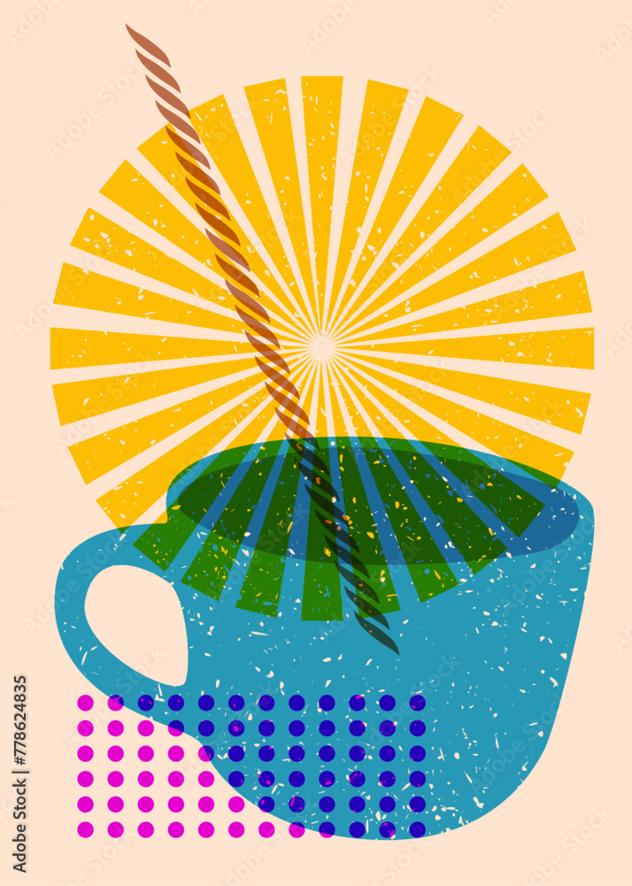 Aufkleber risograph coffee cup with geometric shapes. objects in trendy riso graph print texture style design 