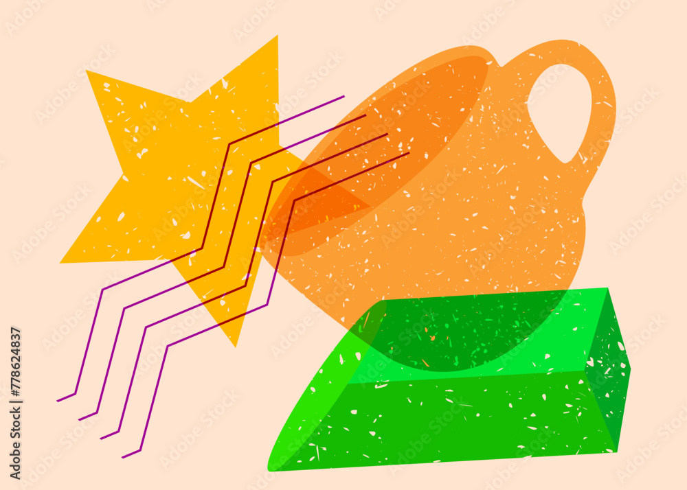 Poster risograph coffee cup with geometric shapes. objects in trendy riso graph print texture style design 