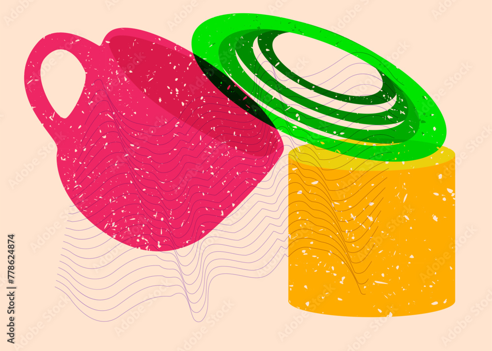 Poster risograph coffee cup with geometric shapes. objects in trendy riso graph print texture style design 