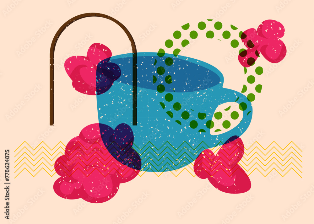 Poster risograph coffee cup with geometric shapes. objects in trendy riso graph print texture style design 
