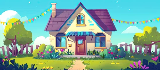  A whimsical cartoon illustration of a house with a vibrant purple roof nestled among trees and colorful flowers. The natural landscape is filled with green grass and a clear blue sky as the backdrop © AkuAku