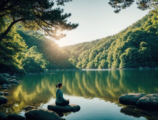 A woman sitting on a rock in the middle of a river, surrounded by trees and mountains in the background. - Powered by Adobe