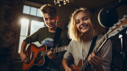 Teenage boy and girl recording music at their home studio with guitar - obrazy, fototapety, plakaty