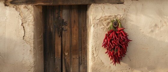 Traditional chilli ristras hanging in a doorway