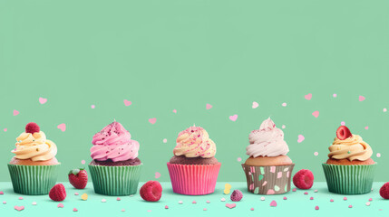 Delicious variety of cupcakes with vibrant icing and toppings set against a pastel green banner...