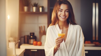 Beautiful young woman in bathrobe drinking homemade orange juice smiling  standing near
