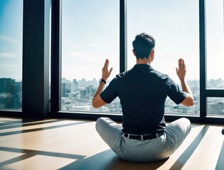 A man sitting on the floor in a room with large windows overlooking a city skyline. - Powered by Adobe