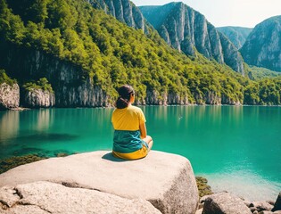 A woman sitting on a rock overlooking a body of water in a mountainous landscape. - Powered by Adobe