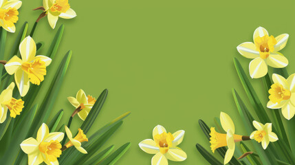 Vibrant yellow daffodils on a fresh green background, perfect as a banner with blank space for spring concepts or floral designs