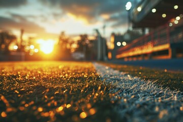 Blurry image of soccer field with sun setting in background