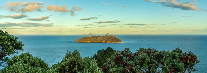 Sunset Seascape with Shoe and Slipper Islands from Mt Paku Summit Walk Lookout, Coromandel, New...