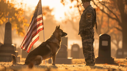 war veteran with german sherped dog at cemetery,memorial day independence day or veterans day...