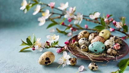 colorful small quail eggs with flowering branches on a light blue background،Ai Generate