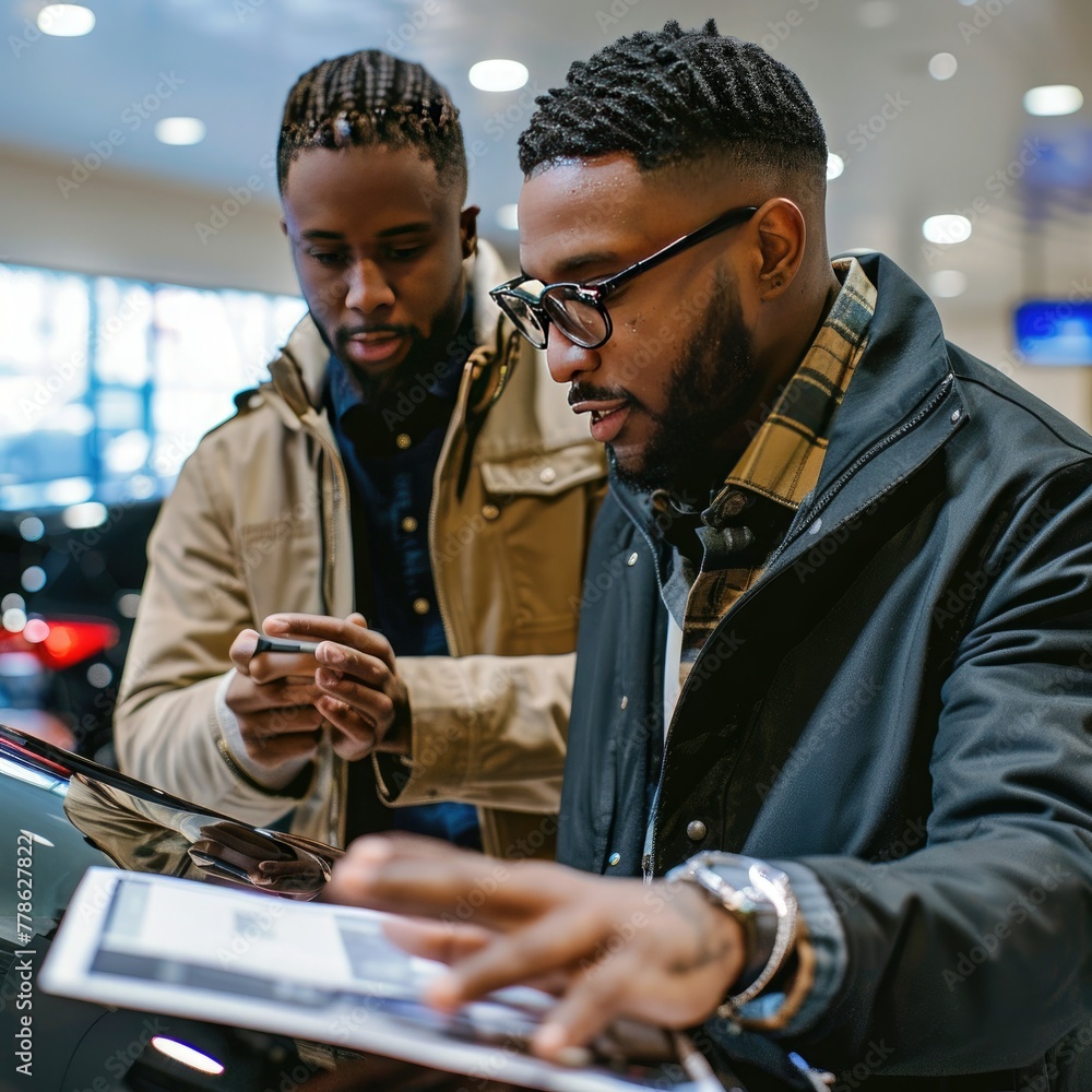 Poster A salesman assisting a customer with scheduling a test drive.